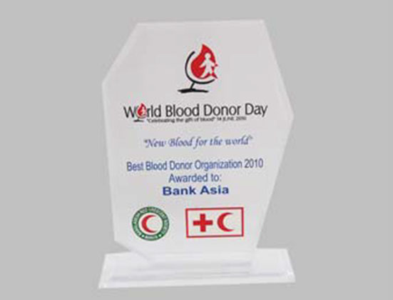 Bank Asia received the “Best Blood Donor Organization” from Bangladesh Red Crescent Society on 2010